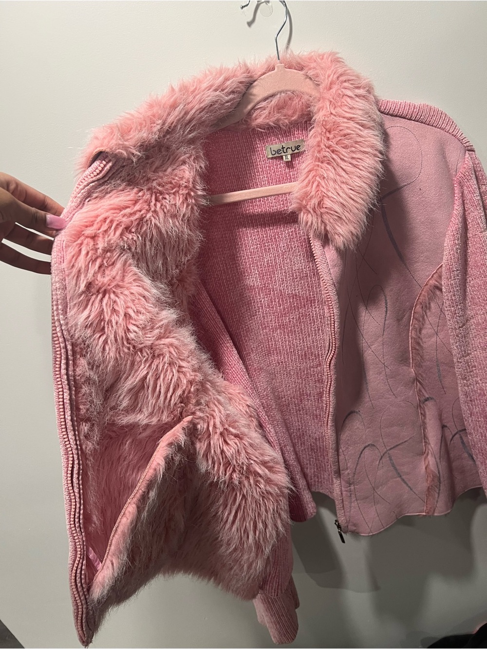 Women's Pink Teddy Jacket with Faux Fur Collar - Picture 4 of 6